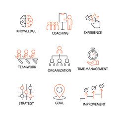 Modern Flat thin line Icon Set in Concept of Business and Human Management with word Improvement,Goal,Knowledge,Coaching,Experience,Teamwork,Time Management,Strategy,Oranization. Editable Stroke.