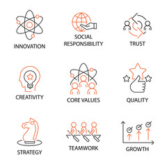 Modern Flat thin line Icon Set in Concept of Business Core Values with word Innovation,Social Responsibility,Trus,Creativity,Corevalue,Quality,Strategy,Teamwork,Growth. Editable Stroke