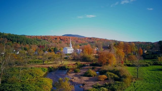 Autumn aerial shot in Stowe with Community Church, Vermont, USA