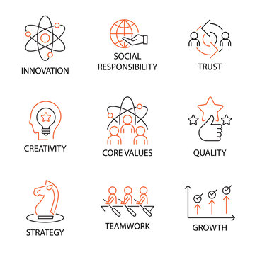 Modern Flat thin line Icon Set in Concept of Business Core Values with word Innovation,Social Responsibility,Trus,Creativity,Corevalue,Quality,Strategy,Teamwork,Growth. Editable Stroke