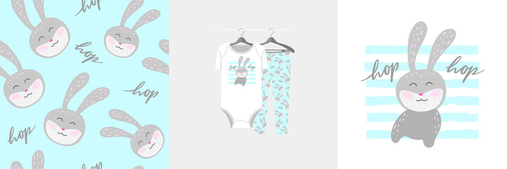 Seamless pattern and illustration for kid with bunny, text Hop hop. Cute design on pajamas mockup. Baby background for clothes wear, room decor, t-shirt, baby shower invitation, wrapping