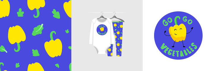 Seamless pattern and illustration for kid with bell pepper, 