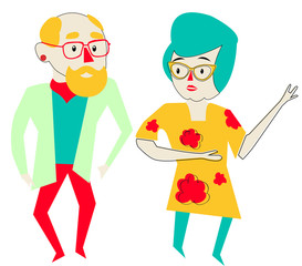 illustration with a granny, grandmother in yellow glasses and a dress with red flowers in turquoise pants and a grandfather in glasses with a red veil and pants, earring in the ear