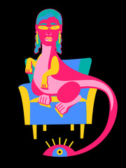 illustration with a dragon in a blue and green armchair with a woman's head with earrings with glasses and an eye on the tail, pink and crimson