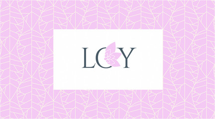 Seamless pattern with leaves of beige color on a pink background, beige label, logo with a pink flower