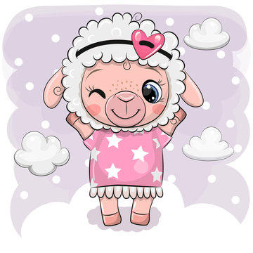 Cartoon Sheep in a pink dress on a clouds backgroud