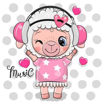 Cartoon Sheep in a pink dress and headphones