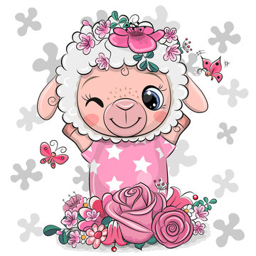 Greeting card  Sheep with flowers on a white background