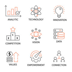 Modern Flat thin line Icon Set in Concept of Digital Transformation with word Analytic,Technology,Innovation,Competition,Vision,Data,Values,Empowerment,Connection. Editable Stroke