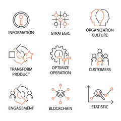 Modern line Icon Set in Concept of Digital Transformation with word Information,Strategic,Organization Culture,Transform Product,Optimize Operation,Customers,Engagement,Blockchain. Editable Stroke