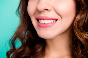 Cropped close-up view portrait of her she nice shine adorable perfect healthy white cheerful cheery...