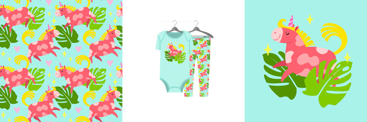Seamless pattern and illustration for kid with unicorn and tropical leaves. Cute design on pajamas mockup. Baby background for clothes wear, room decor, t-shirt, baby shower invitation, wrapping