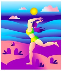 Volleyball player with the ball on the beach, beach sports in summer, Vector flat character illustration for animation