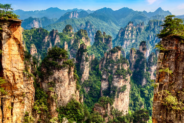 Zhangjiajie National Forest Park. Gigantic quartz pillar mountains rising from the canyon during summer sunny day. Hunan, China.