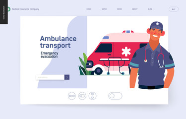 Medical insurance template -ambulance transport and emergency evacuation -modern flat vector concept digital illustration of a male paramedic and ambulance van. Medical service and insurance