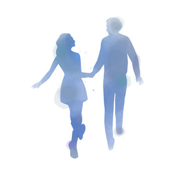 Young couple in love silhouette plus abstract watercolor. Valentine's day concept. Digital art painting.