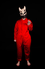 An image of an aggressive girl. Punk rock style. Image includes: mask, makeup, jumpsuit.