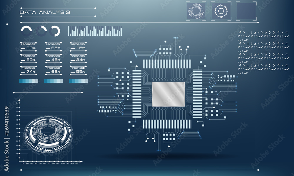 Poster microchip processor with lights on the blue background. ai. circuit board. technology background. ce