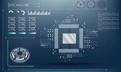 Microchip processor with lights on the blue background. AI. Circuit board. Technology background. Central Computer Processors CPU in HUD UI GUI style concept. Motherboard digital chip. 