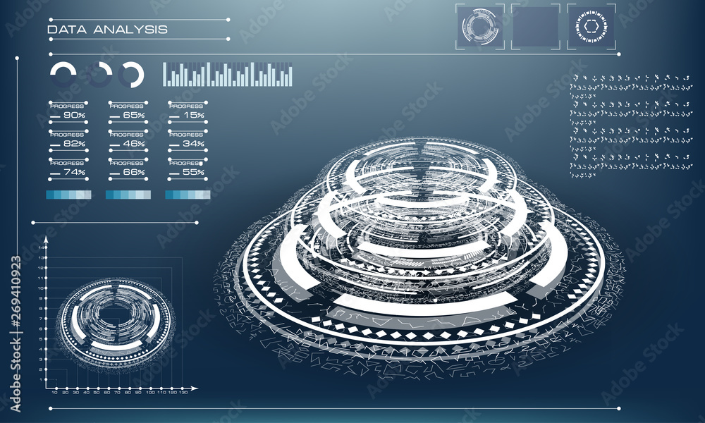 Poster abstract futuristic object . hud elemet . 3d hologram display consist of glowing particles and blurr