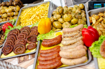 Street food, different fried sausages.