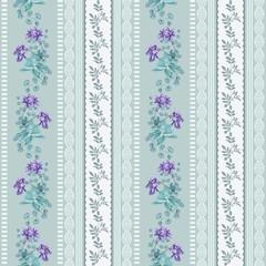 Tropical flowers and leaves and vertical border of twigs with leaves. Seamless pattern