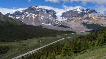 Elevated view of highway passing through mountainous landscape, Columbia Icefield, Icefields Parkway, Jasper, Alberta, Canada