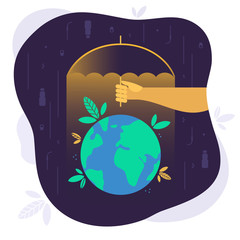 Vector illustration of saving the world from garbage. Hand holding an umbrella over the Earth. Picture rain of waste. Design of way to keep our planet healthy. Care and protection of the environment.