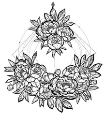 Vector illustration. Beautiful Peonies. Handmade, background white, prints on T-shirts, tattoos. sacred geometry