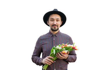 Portrait of a handsome young man with tulip flowers. Concept of a man holding tulip flowers as a gift for a special occasion isolated on white background