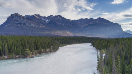 River with mountains in the background, North Saskatchewan River, David Thompson Highway, Clearwater County, Alberta, Canada - 269412333