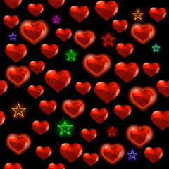 Fototapeta na wymiar Red Glass Polygonal Heart with Colorful Stars Random Seamless Pattern on Black Background