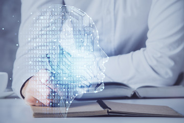 Man with multi exposure brain theme icons.