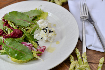 vegan menu italian salad with cheese and beet leaves