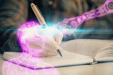 AR hologram over hands taking notes background. Concept of augmented reality. Double exposure