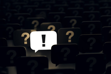 Luminous speech bubble with exclamation mark among dark ones with question marks