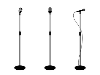 Three microphones on counter. White background. Silhouette microphone. Music icon, mic. Flat design, vector illustration - obrazy, fototapety, plakaty