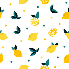 Seamless background with various lemmons on white. Vector fruit pattern. - Vector