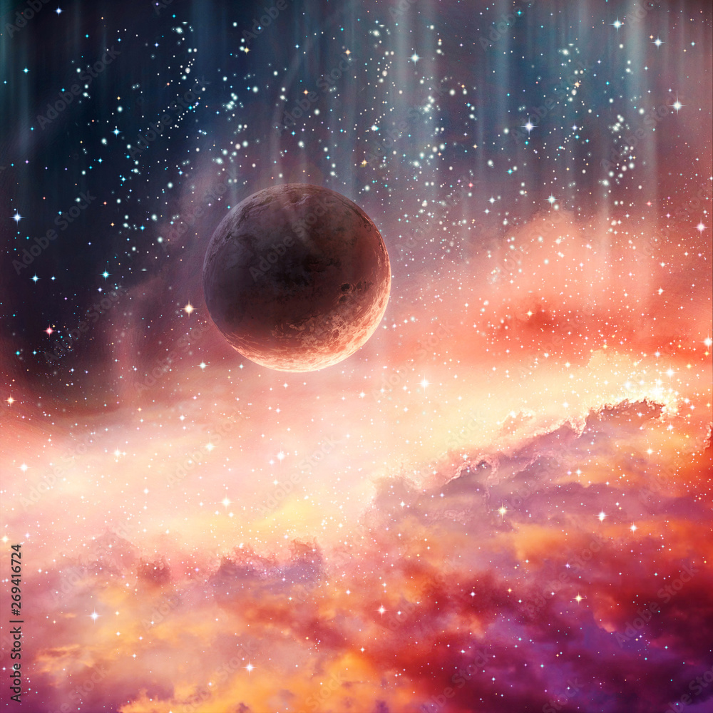Poster artistic abstract planet falling into a smooth colorful galaxy artwork background