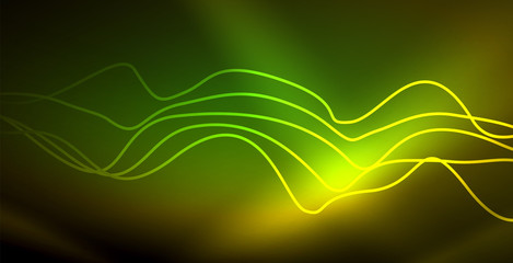 Glowing abstract wave on dark, shiny motion, magic space light. Techno abstract background