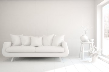 Mock up of stylish room in white color with sofa. Scandinavian interior design. 3D illustration