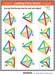 IQ and spatial reasoning skills training educational math puzzle: Find the top view for every object. Answer included.