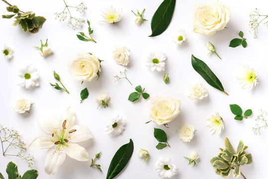 Floral Background With Blossom White Flowers. Top View, Flat Lay. Summer Or Spring Concept. Creative Layout