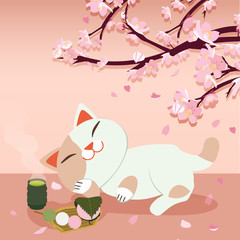 Hanami Festival. cherry blossom festival. festival in Japan. Relaxing cat. Cat sleeping on the ground with dango  and green tea on sakura tree background. cute flat vector style