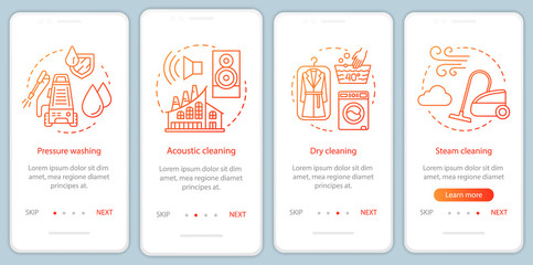 Cleaning methods onboarding mobile app page screen, linear concepts