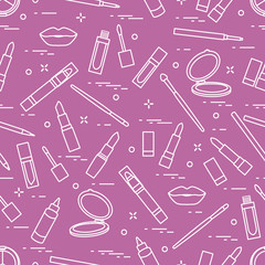 Seamless pattern of different lip make-up tools. Vector illustration of lipsticks, mirror, lip liner, lip gloss and other.