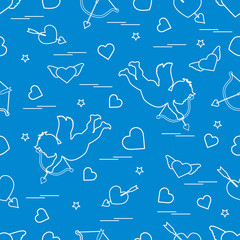 Cute seamless pattern with cupid shoots a bow and hearts. Love symbol.