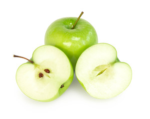 Closeup green apple with slice isolated on white background, fruit for healthy diet concept
