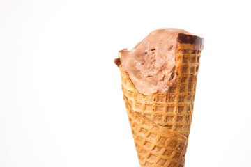 Eaten chocolate ice cream on white isolate background with copy space.