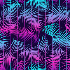 Seamless pattern with palm leaves. Tropical vibes design. Futuristic digital vector wallpaper. Vaporwave, cyberpunk aesthetics.